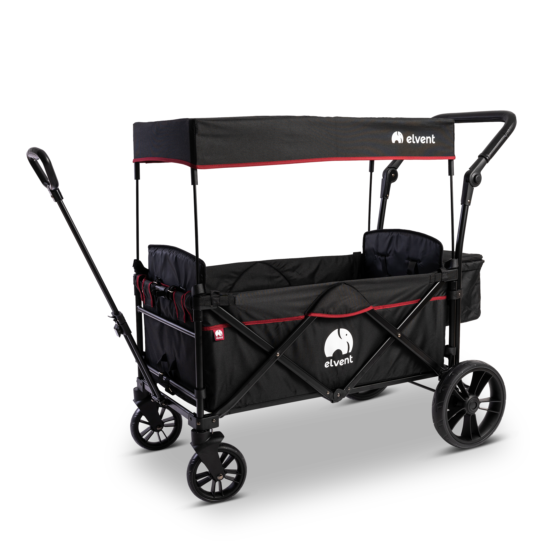 elvent® SmartCruiser City Bollerwagen - Handwagen faltbar mit Dach I Sitzpolster, Hecktasche, Feststellbremse, PU-Reifen, 5-Punkt-Gurt I für 2 Kinder | Teleskop-Zugstange (Schwarz)