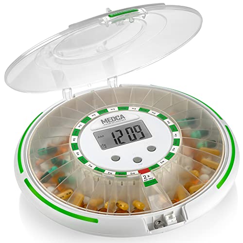 Automatischer Pillenspender mit elektronischem 28-Tage-Medikamenten-Organizer - Abschließbarer Schlüssel-Pillenbehälter mit LCD-Display, Licht- und Ton-Erinnerungsalarm für geplante Medikamente