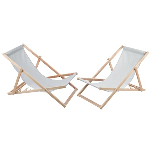 Woodok 2-er Liegestuhl Set aus Buchholz Strandstuhl Sonnenliege Gartenliege für Strand, Garten, Balkon und Terrasse Liege Klappbar bis 120kg (Hellgrau)