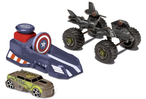 Majorette 213089775 - The Avengers Assemble Hero Set, Launcher mit 3 Geschwindigkeiten, Monster Truck, 2 Autos mit Freilauf
