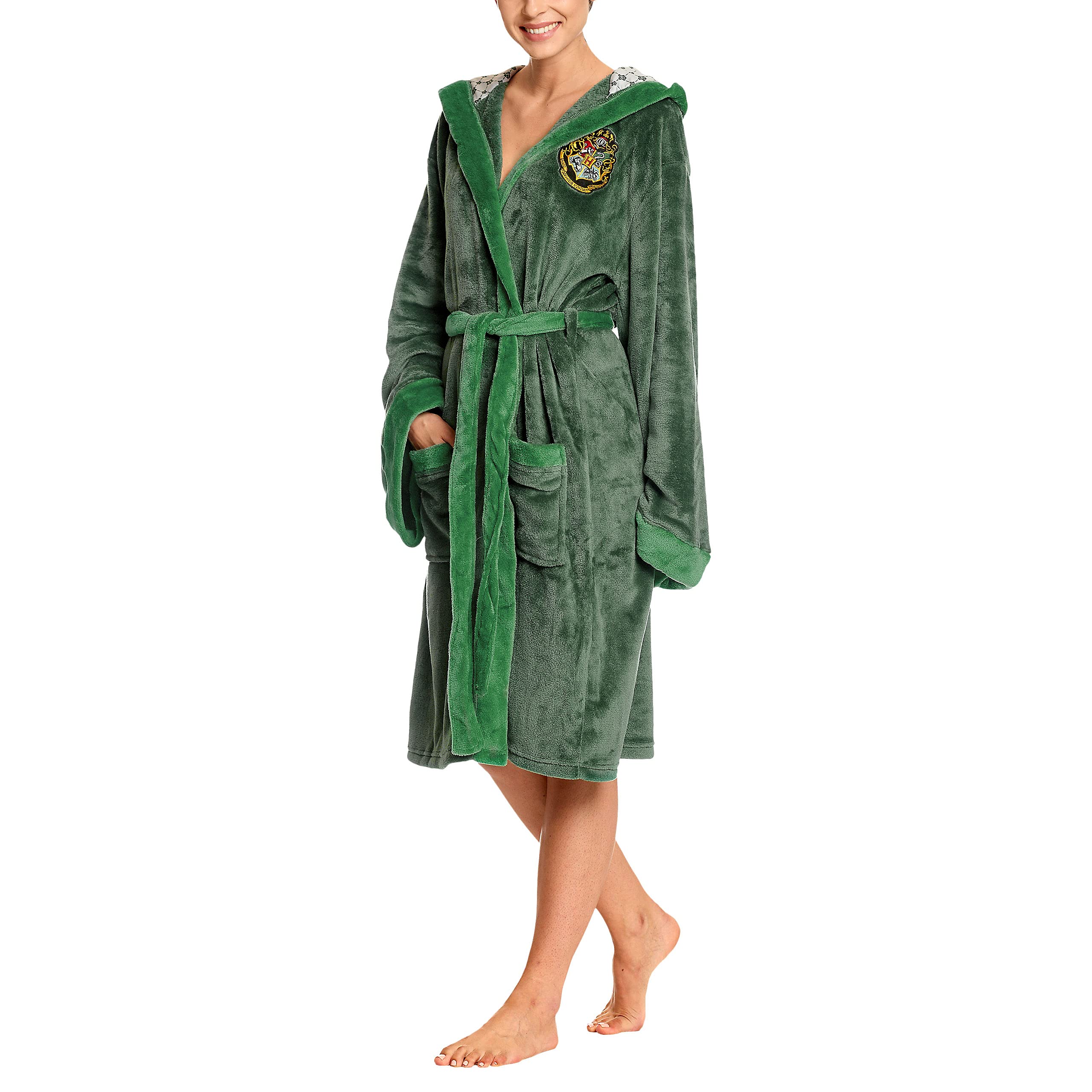 Elbenwald Harry Potter Bademantel mit Kapuze mit großem Slytherin Wappen auf dem Rücken und aufgesetzten Taschen für Damen und Herren grün 110 cm