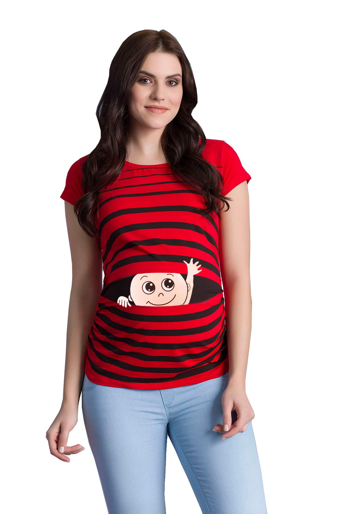 Winke Winke Baby - Lustige witzige süße Umstandsmode gestreiftes Umstandsshirt mit Motiv für die Schwangerschaft Schwangerschaftsshirt, Kurzarm (Rot, Small)