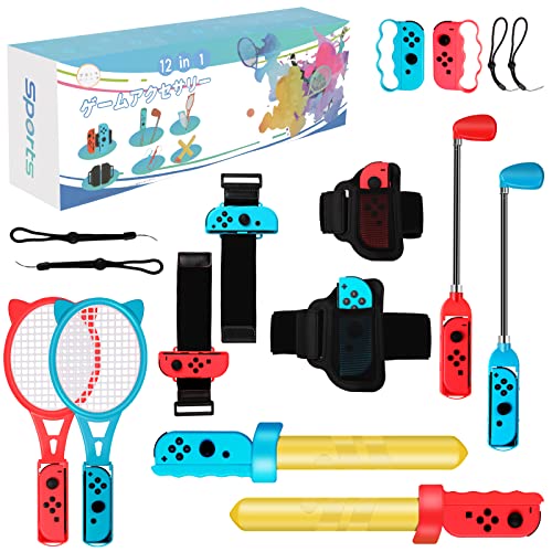 OLDZHU 12 in 1 Switch Sport Spiel Zubehör,2022 Switch-Zubehörpaket kompatibel mit Nintendo Switch Enthält Einziehbarer Golfschläger,Tennisschläger,Boxgriff,Beingurte,Schwertkampfgriffe,Joy-con-Armband