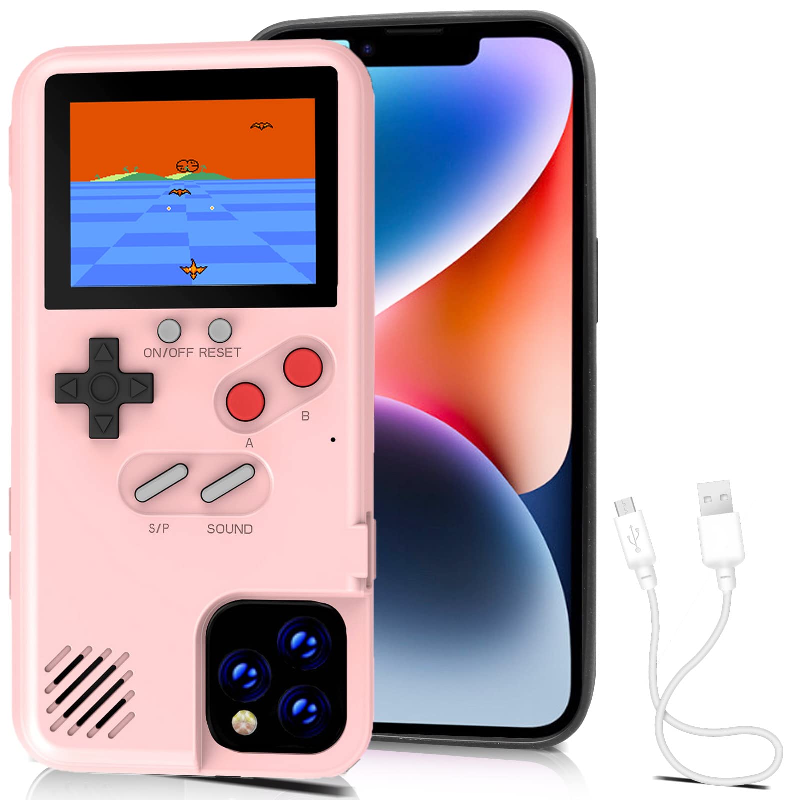 Kingchilla Gameboy-Handyhülle für iPhone 14, Gaming-Handyhülle, Retro-Spielkonsole, Schutzhülle mit eigener Stromquelle (Pink, iPhone 14)