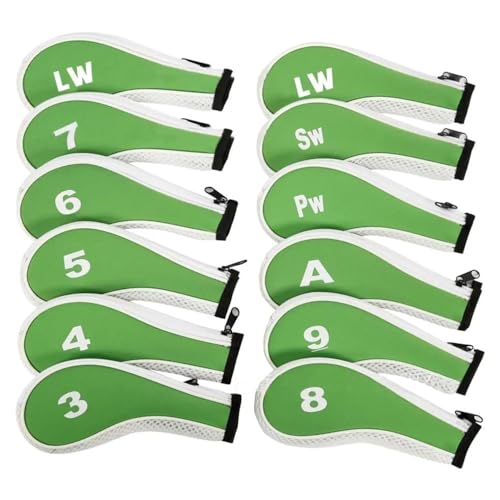 12 Stück Golfschläger-Abdeckungen, Golf-Eisenkopfhüllen mit aufgedruckter Nummer, for Eisenschläger, leicht, langlebig, tragbar, passend for alle Eisenschläger (Color : Green White)