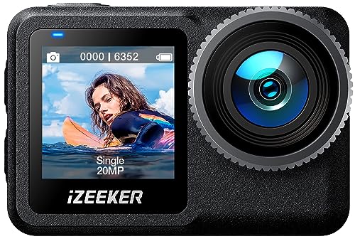 iZEEKER iA400 Action Cam 4K 20MP WiFi Ultra HD Dual Screen 40M Unterwasserkamera Wasserdicht Eingebauter 64GB Speicher 1600mAh Akku mit Touchscreen, 5G-Übertragung, EIS, Weitwinkel, Fernbedienung