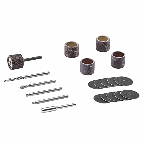 Dremel 733-01 Rotationswerkzeug Zubehör Kit, 20-teiliges Holzschnitzset – inklusive Schleifbänder, Schnitzköpfe und einem Dorn – Ideal für Schleifen und Schnitzarbeiten