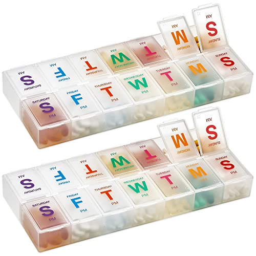 Große wöchentliche Pillendose – (2 Stück) AM PM – XL 7 Tage 2 mal pro Tag und täglicher Pillen-Organizer für Medikamente, Pillen, Nahrungsergänzungsmittel mit Braille, hell, leicht zu lesen