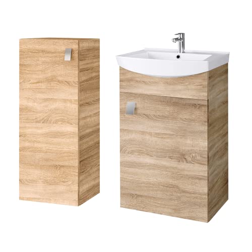 Planetmöbel Badset aus Unterschrank 45cm mit Waschbecken und 1x Midischrank in Sonoma Eiche, Set für Badezimmer 3-teilig