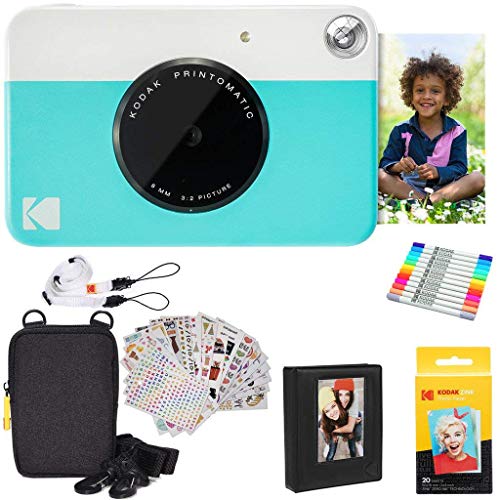 KODAK Printomatic Instant Camera (Blau) Geschenkpackung + Zinkpapier (20 Blatt) + Luxusetui + 7 Sätze Aufkleber + Doppelspitzenmarker + Fotoalbum + Hängerahmen + Umhängeband