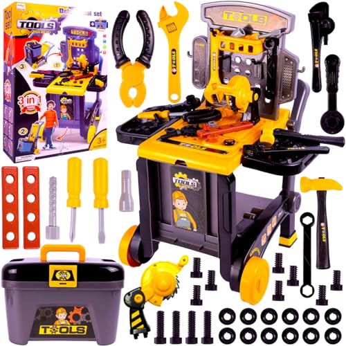 MalPlay Kinderwerkzeug DIY-Werkstatt mit Werkzeugen, Werkzeugkoffer, Steckschlüssel, Schraubenschlüssel, Zange, Hammer, Kinder ab 3 Jahren