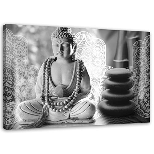 Feeby Bilder Buddha 60x40 cm Leinwandbild 1 Teilig - Kunstdruck modern Zen spa grau