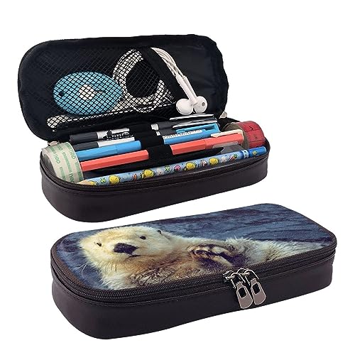 DOFFO Weißes Tier Gedruckt Nette Bleistift Fall Ästhetische Bleistift Tasche Spezielle Stift Fall Kunstleder Bleistift Tasche Langlebig Bleistift Box Reißverschluss Bleistift Fällen Für Männer Frauen