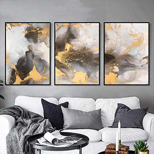 3Pcs Leinwand Malerei Abstrakte Marmor Textur Schwarz Kupfer Tinte Gold Poster und Drucke Moderne Wandkunst Bilder Zimmer Dekor 50x70cm (19,7x27,6in) x3 Rahmenlos