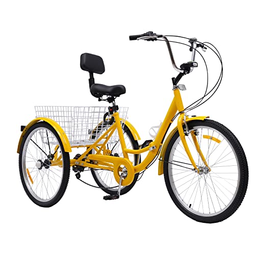 EurHomePlus 24 Zoll Dreirad für Erwachsene 7-Gang 3-Räder Fahrrad mit Einkaufskorb und LED Licht für ältere Menschen zur Erholung usw (Gelb)