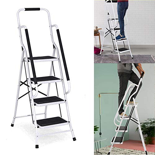 Trittleiter 4 Stufen klappbar mit Handlauf, Klapptritt aus Stahl mit Haltebügel und gummierten Stufen, Stehleiter - einfach zu verstauen, Klapptreppe bis 150 kg