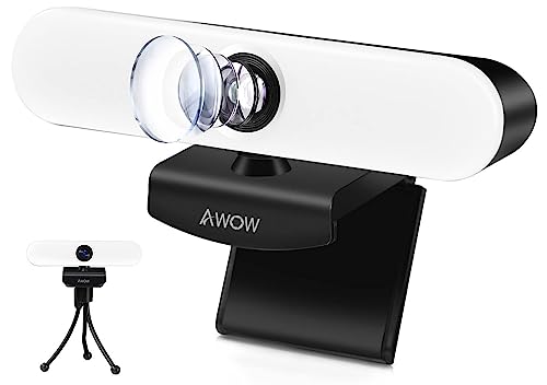 AWOW Live Streaming Webcam mit Ringlicht und Mikrofon, HD Webcam 2K, USB Webcam mit Weitwinkel für Videoanrufe, Lernen, Videokonferenzen und Spiele(Stativ Inklusive)