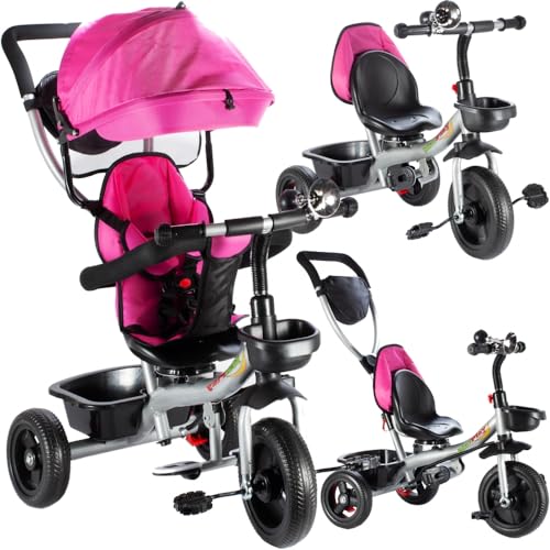 MalPlay Kinder Dreirad 3-in-1 | Rosa | Kinderdreirad mit 360° Drehsitz | Sonnendach Tasche | Belastbarkeit bis 30 kg | Ultraleicht | für Kinder ab 2 Jahren
