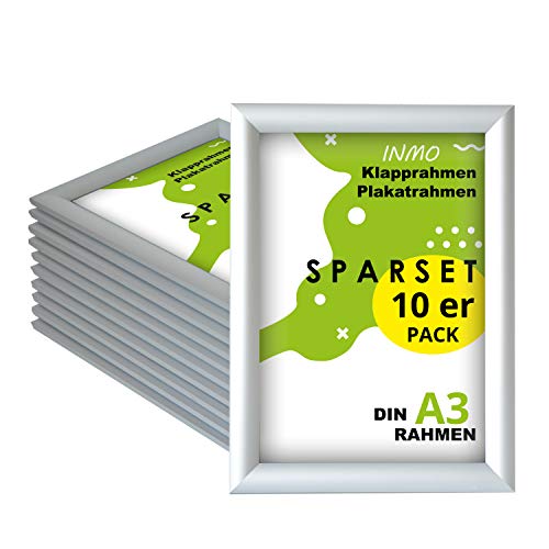 INMO Alu-Klapprahmen DIN A3 10 Stück mit Aluminium Profil ohne Glas - Klappbarer Bilderrahmen Silber - Fotorahmen für Bilder, Poster, Plakate - 32,60 x 45,10 cm Urkundenrahmen