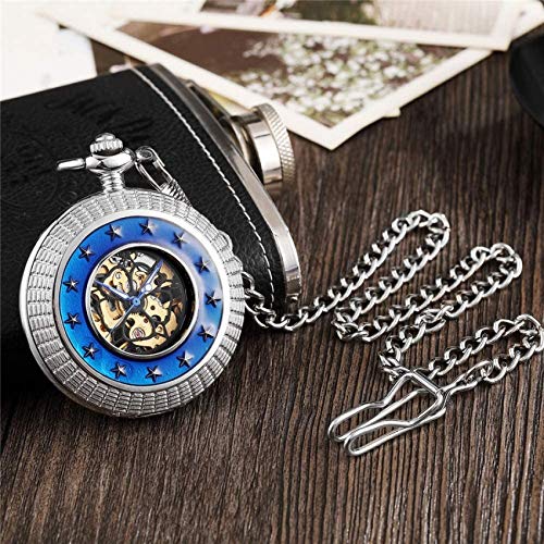 Retro Hohle mechanische Taschenuhr mit Kette blau umgeben kleine Sterne Vintage Herren Damen Handaufzug Taschenuhr Taschenuhr Geschenke für die Familie