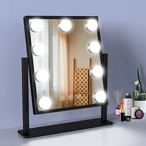 WEILY Hollywood-Schminkspiegel mit Beleuchtung, großer beleuchteter Make-up-Spiegel mit 3 Farblichtern und 9 dimmbaren LED-Lampen, intelligenter beleuchteter Touch-Control-Bildschirm und