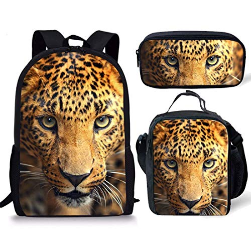 Binienty Schul-Büchertaschen-Set, 3-in-1, Rucksack mit Doppelreißverschluss, Lunchbox und Federmäppchen für Kinder, Jungen und Mädchen, Animal Leopard (Braun) - CGK