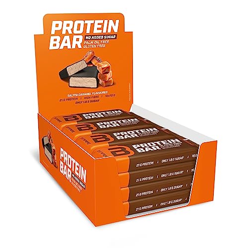 BioTechUSA Protein Bar, ballaststoffreicher Riegel mit 21 g Protein und niedrigem Zuckergehalt, gluten-und palmölfrei, 16 * 70g, Salziges karamell