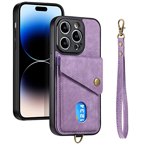Handyhülle aus echtem Leder für das iPhone 15/15pro/15pro Max/15 Plus, Schutzhülle aus Leder mit Trageband für das Auto und magnetischem Kartenhalter mit Hautgefühl,15plus,Purple