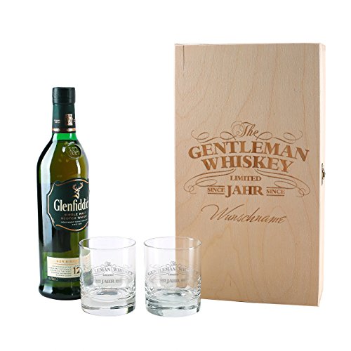 Herz & Heim® Glenfiddich Whisky Geschenkset mit Gratis Gravur 2er Whiskey Gläser in gravierter Holzkiste Gentleman