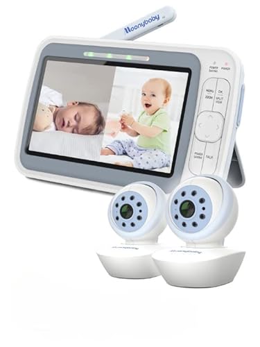 Moonybaby QuadView 60 Babyphone mit EMF-Beschränkung und mit 2 Schwenk-und neigbaren Kameras, 20 Tage Batterielaufzeit, Geteilter Bildschirm 5" 720p HD, Reichweite 1.000 Fuß, Gegensprechfunktion