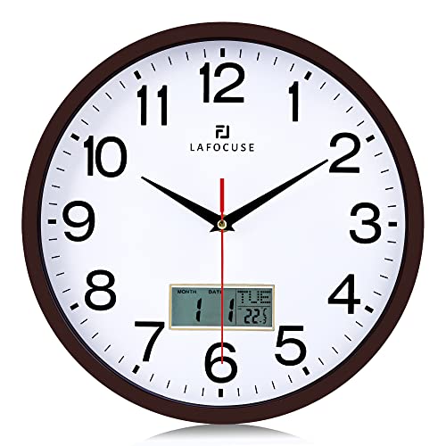 Lafocuse Lautlos Dunkelbraun Wanduhr mit Datum und Temperatur Wochentag Analog LCD Digitale Kalender Quarzuhr für Wohnzimmer Schlafzimmer Büro 30cm