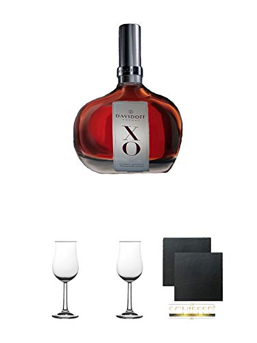 Davidoff XO Cognac 0,7 Liter aus Charente + Nosing Gläser Kelchglas Bugatti mit Eichstrich 2cl und 4cl 1 Stück + Nosing Gläser Kelchglas Bugatti mit Eichstrich 2cl und 4cl 1 Stück + Schiefer Glasuntersetzer eckig ca. 9,5 cm Ø 2 Stück
