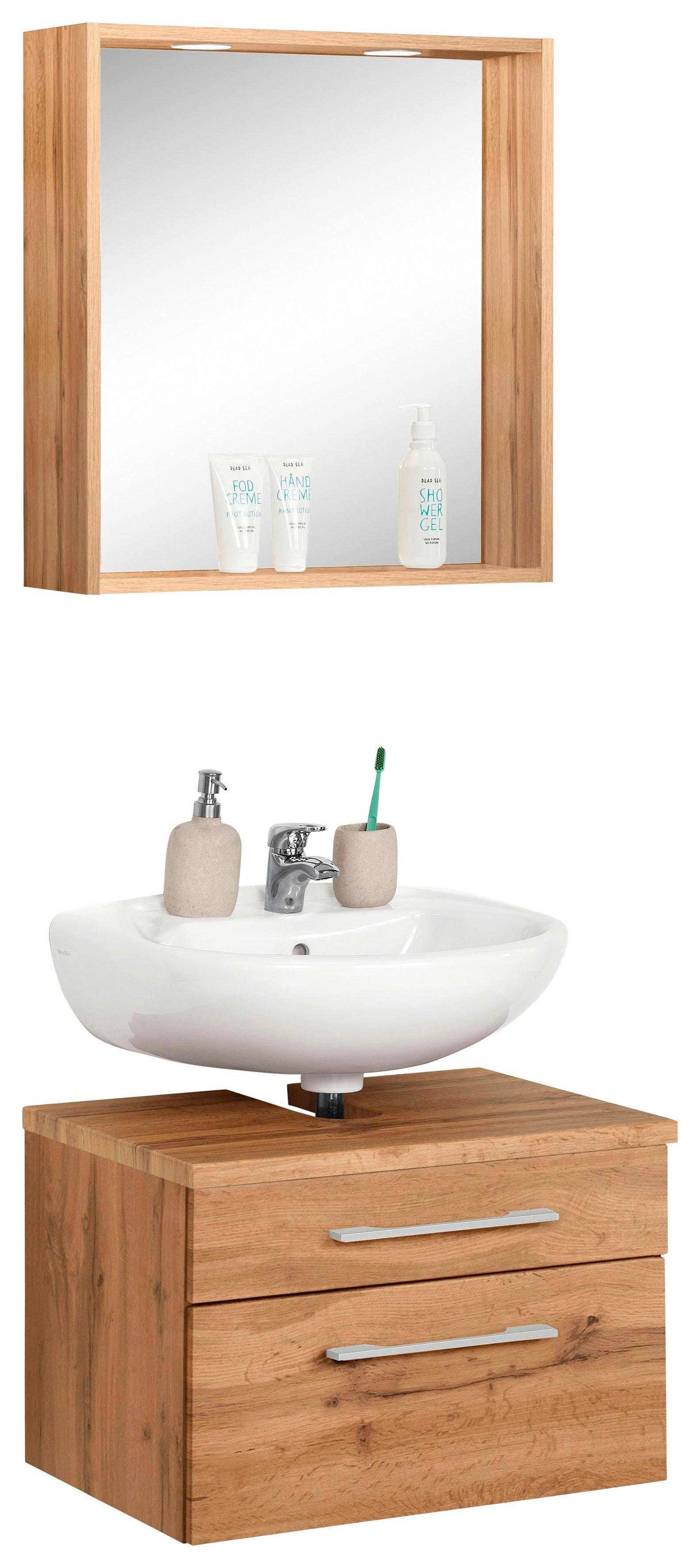 HELD MÖBEL Badmöbel-Set "Davos", (2 St.), Spiegel inklusive Beleuchtung und Waschbeckenunterschrank
