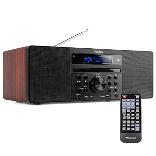 Audizio Prato - DAB Radio mit CD-Player und Fernbedienung, MP3, Bluetooth, USB, DAB+ und UKW Empfang, Radiowecker, Sleeptimer, Display-Dimmer, Stereo-Lautsprecher 60 Watt - Braun, Wood