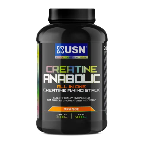 USN Creatine Anabolic All-in-One Reines Creatin Pulver, Hochdosiertes Nahrungsergänzungsmittel mit Kreatin und BCAAs, Optimale Löslichkeit, Orange, 900g