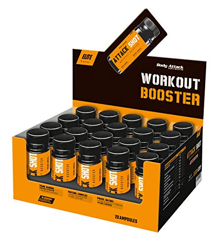 Body Attack - Preworkout Booster Shot, Orange-Cola 20x60ml - Made in Germany - 200mg Koffein & 500mg L-Tyrosin, hochdosierter Workout Booster mit L-Citrullin, Beta-Alanin, für alle Sportler & Athleten