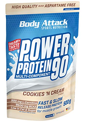 Body Attack Power Protein 90, 5K Eiweißpulver mit Whey-Protein, L-Carnitin und BCAA für Muskelaufbau und Fitness, Made in Germany (Cookies n Cream, 500g)