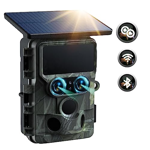 Duales Objektiv Solar Wildkamera WLAN 4K 30FPS 60MP, Sternenlicht Nachtsicht Bluetooth Wildtierkamera mit 0,1S Auslösezeit IMX458-Sensoren 120° Weitwinkel IP66 Wasserdicht für die Wildtierüberwachung