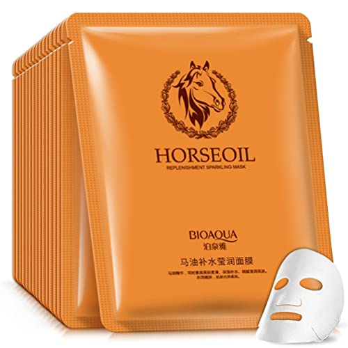 Horse Oil Face Masks Replenishment Moisturizing Oil Control Acne Shrink Pores Facial Mask Brighten Skin (20 PCS)