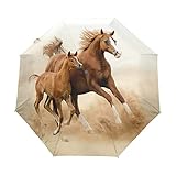 Laufendes Pferd Regenschirm Automatik Auf-Zu Taschenschirm Umbrella Kompakt Schirme für Jungen Mädchen Strand Frauen