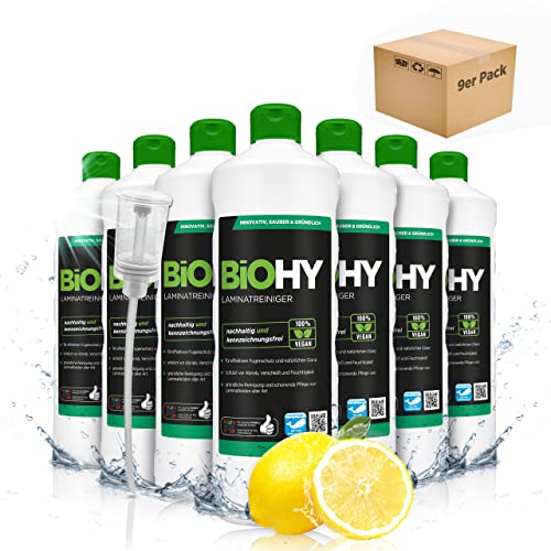 BiOHY Laminatreiniger (9x1l Flasche) + Dosierer | Laminatpflege auf speziell abgestimmter Tensidkombination | reinigt gründlich, schonend & reduziert Wiederverschmutzung