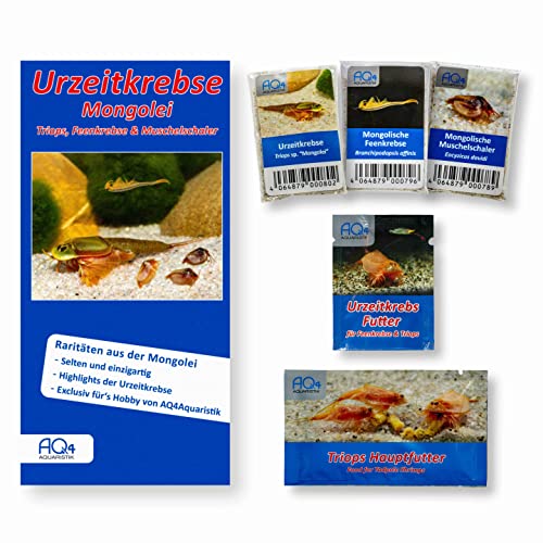 AQ4Aquaristik Starter Set Mongolische Urzeitkrebse - Triops - Feenkrebse - Muschelschaler - 3 Arten Eier (Zuchtansatz) - mit Aufzuchtfutter, Hauptfutter und Anleitung - TOP RARITÄT