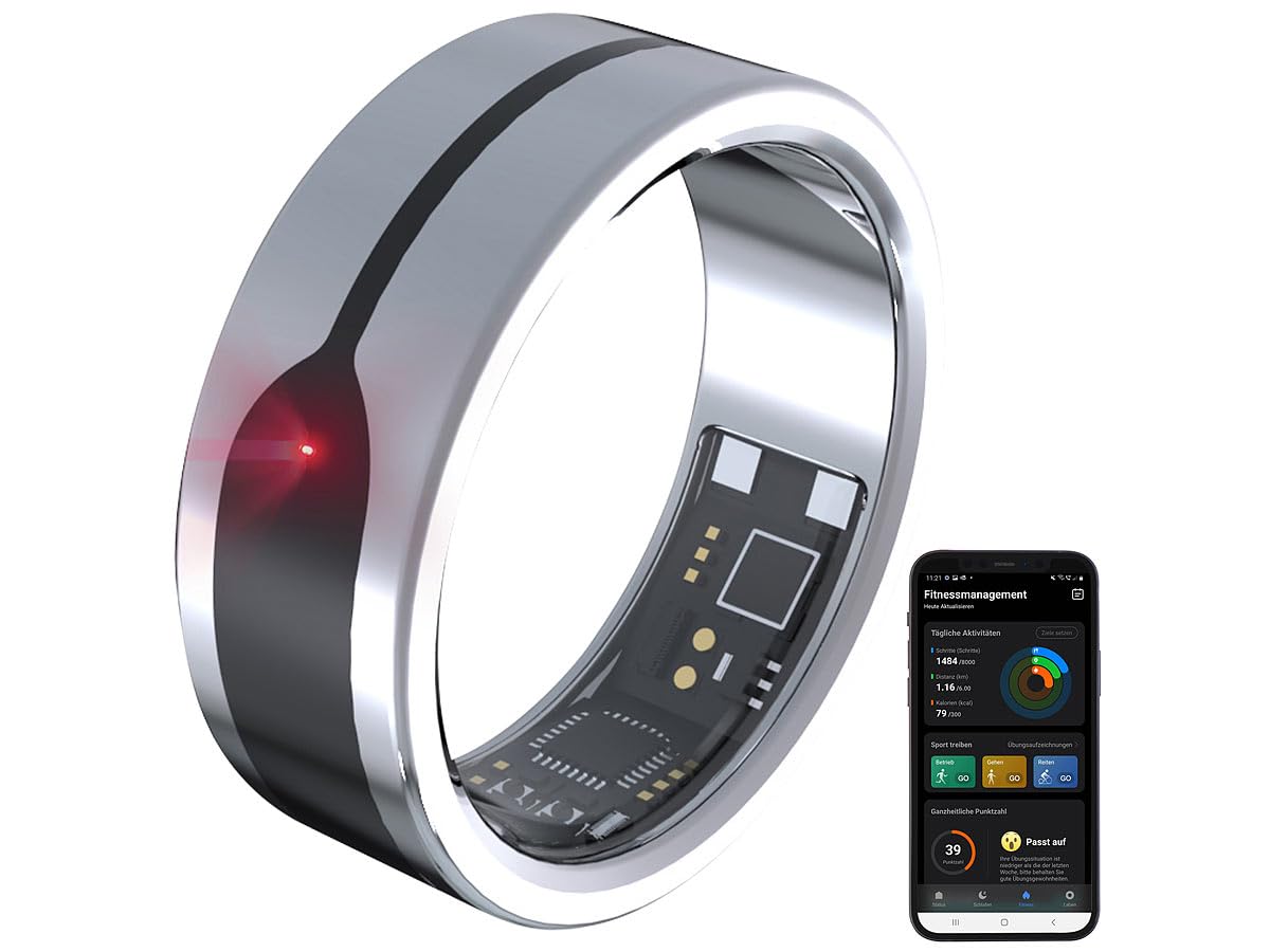 Newgen Medicals Ring Schlaftracker: Fitnesstracker-Ring, Herzfrequenz- & SpO2-Anzeige, 2 mm, Silber, Gr.57 (Fitness-Tracker Android, Smart Ring)