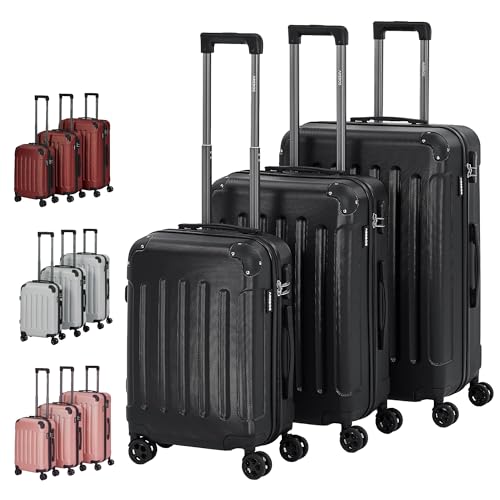 Arebos Premium Hartschalen Koffer Rollkoffer Reisekoffer Vergrößerbares Gepäck Handgepäck aus ABS Material mit TSA-Schloss und 4 Rollen (Schwarz, Kofferset M+L+XL)
