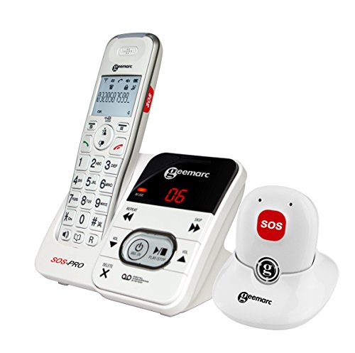Geemarc AMPLIDECT 295 SOS-Pro Schnurloses Seniorentelefon Anrufbeantworter, inkl. Notrufsender Beleuchtetes Display Weiß