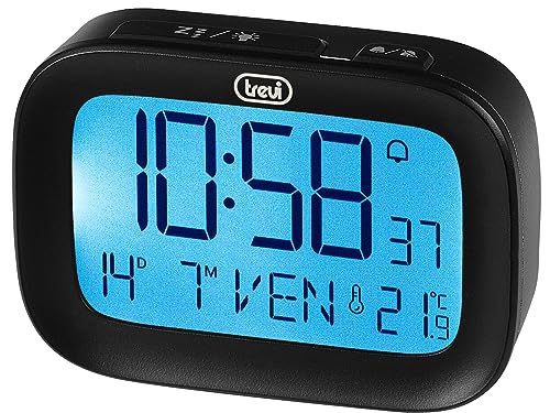 Trevi SLD 3850 Digitaler Wecker mit integriertem Thermometer, großes LCD-Display, Uhr und Kalender, Schlummerfunktion, Schwarz