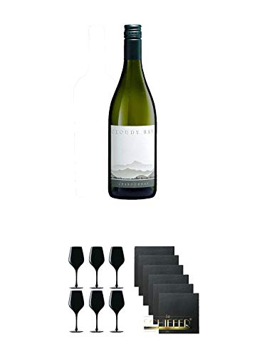 Cloudy Bay Chardonnay Neuseeland 0,75 Liter + Blind Tastinglas für Wein Exquisit 6 Gläser - 1477402 + Schiefer Glasuntersetzer eckig 6 x ca. 9,5 cm Durchmesser