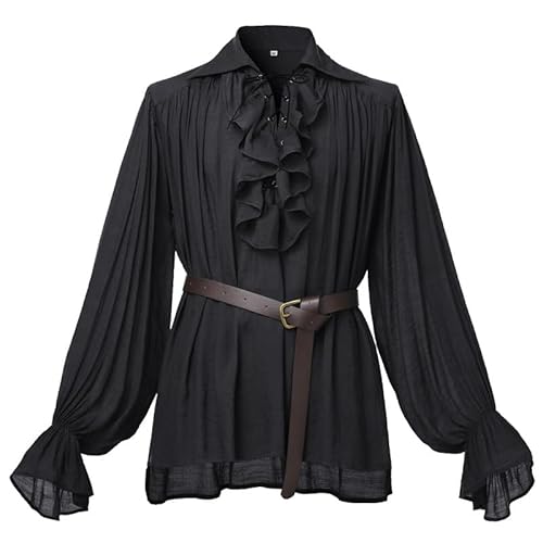 GRACEART Mittelalter Victorian Piraten-Hemd Elegant Langarmshirt Gothic Steampunk Männerhemd Schwarz(mit Gürtel),XL