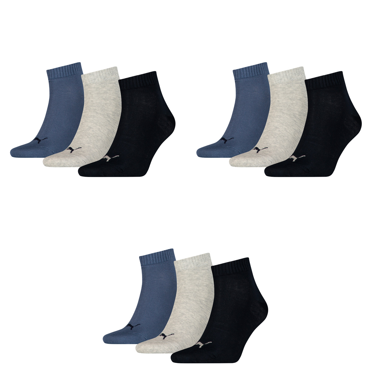 Puma unisex Quarter Sportsocken Kurzsocken Socken 271080001 3 Paar, Farbe:Mehrfarbig, Menge:3 Paar (1x 3er Pack), Größe:43-46, Artikel:271080001-532 navy/grey / nightshadow blue