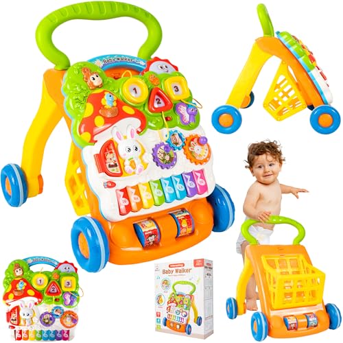 MalPlay Baby Lauflernwagen mit Spielboard, Kinderwagen, Interaktives Klavier & Piano, Laufwagen für Kinder ab 9 Monaten
